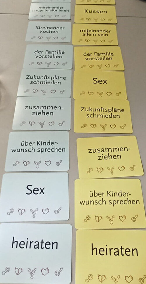 Eine Reihe von Karten mit Begriffen zum Thema Sexualität und Partnerschaft liegen nebeneinander